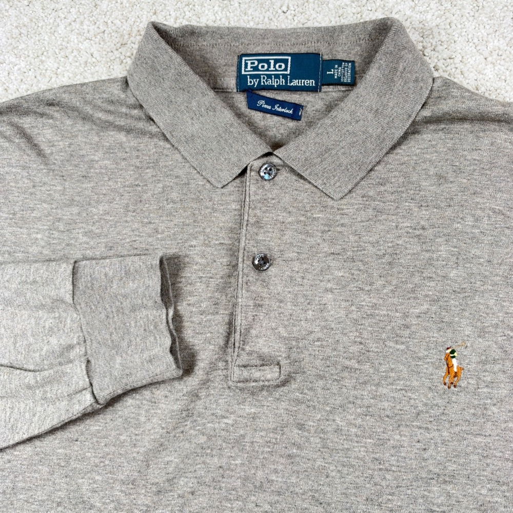 Polo Ralph Lauren Polo Shirt Mens L Grey Pima Interlock Long Sleeve Pony Logo